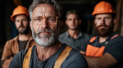 A group of four determined construction workers showcases their camaraderie and strength, ready to tackle challenging projects with professionalism and skill.