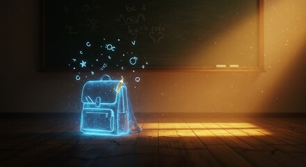 Back To School, Children's Awareness Month Concept with Glowing Backpack and Chalkboard