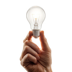 Hand holding light bulb. Isolated white background. Png format