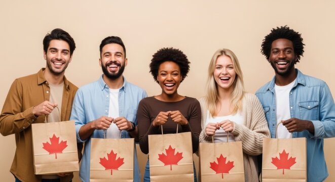 Happy Diverse Group of Shoppers with Canadian Bags