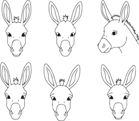 Six Unique Donkey Head Illustrations: Line Art Designs for Projects