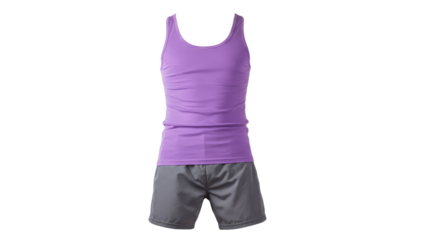 Purple Tank Top and Gray Shorts Outfit.