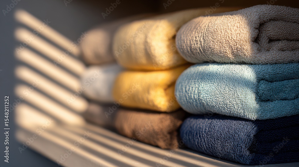 Poster elegant arrangement of soft towels on a shelf highlighting the interplay of light and shadow pattern