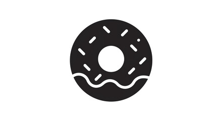 A stylized black donut with white sprinkles and frosting on a white background in a simple graphic style