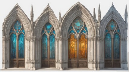 Ornate gothic church facade with stained glass windows and doors