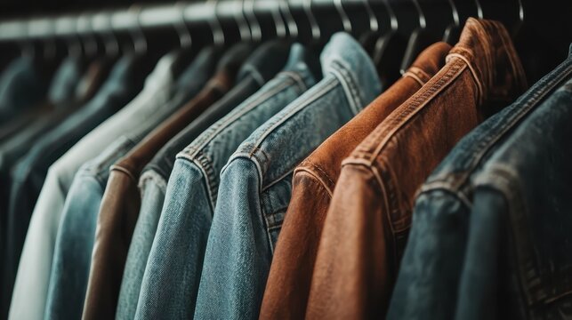 An array of denim jackets in various colors elegantly displayed on hangers, showcasing the latest fashion trends and style options available for customers today.