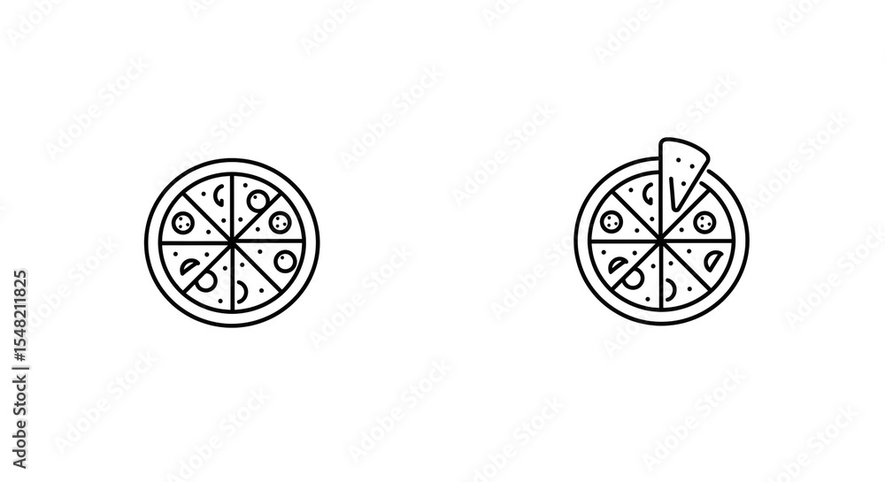 Aufkleber two pizza icons showing a full pizza and one with a slice removed on a white background in line art