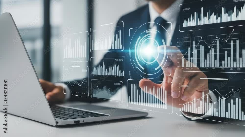Poster businessman analyzing data on holographic interface - a businessman in a suit uses a holographic int