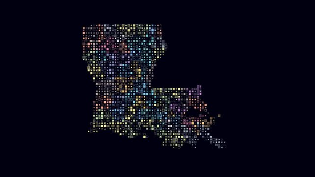 Louisiana dotted animation. Shape of the state built of pulsating colored dots. Small square blocks in a digital style map on a dark background. Simple video.