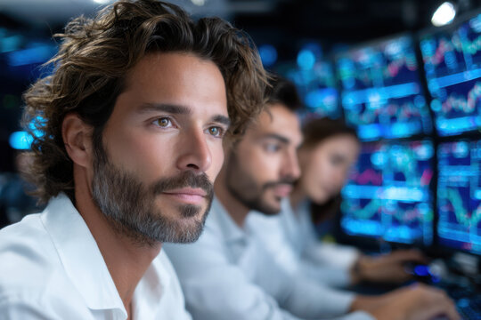 Financial analysts monitor market trends in a trading room during peak hours