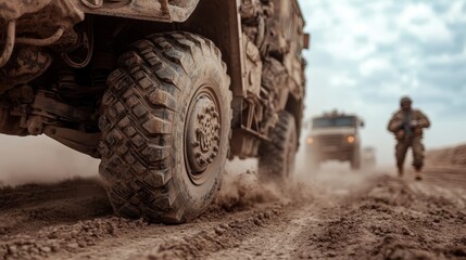 This action-packed image shows a military vehicle moving through a dusty terrain, emphasizing strength, determination, and the dynamics of military operations in challenging environments.