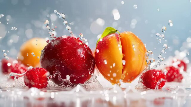 Fresh peaches and raspberries splashing in water