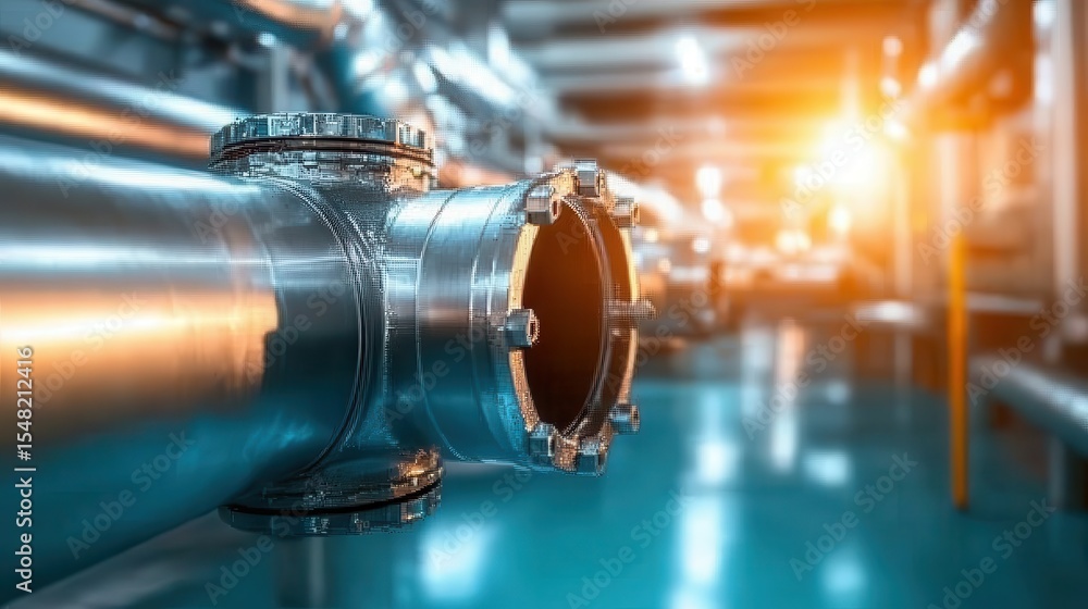 Poster a close-up view of a shiny metallic pipe connection in an industrial setting, showcasing precision e