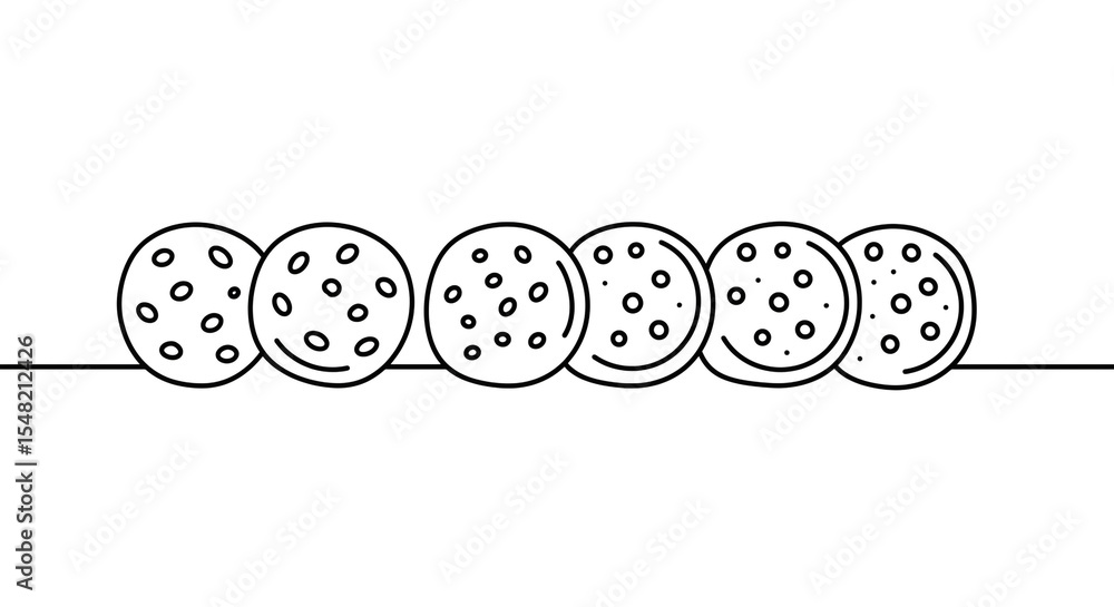 Poster a line drawing of six cookies with chocolate chips arranged in a row on a horizontal line art style