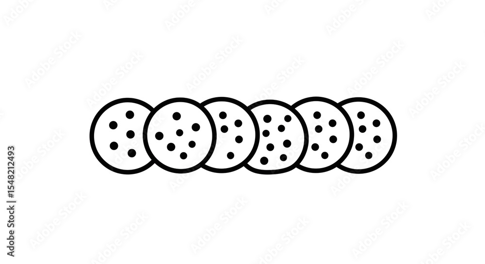 Poster a simple line drawing of six chocolate chip cookies arranged in a horizontal row on a white backgrou