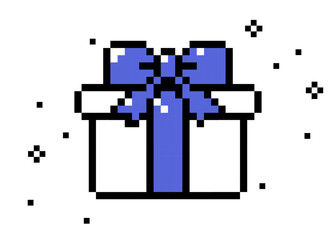 Pixelated gift box icon with a blue bow and ribbon on a white background. Pixel present box isolated vector illustration. Retro 8 bit surprise, bonus game abstract element for digital greeting design