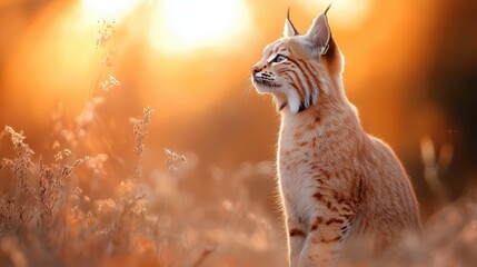 Obraz premium This stunning image captures a lynx in its natural habitat, silhouetted against a warm sunset glow, illustrating the beauty of wildlife and the tranquility of nature at dusk.