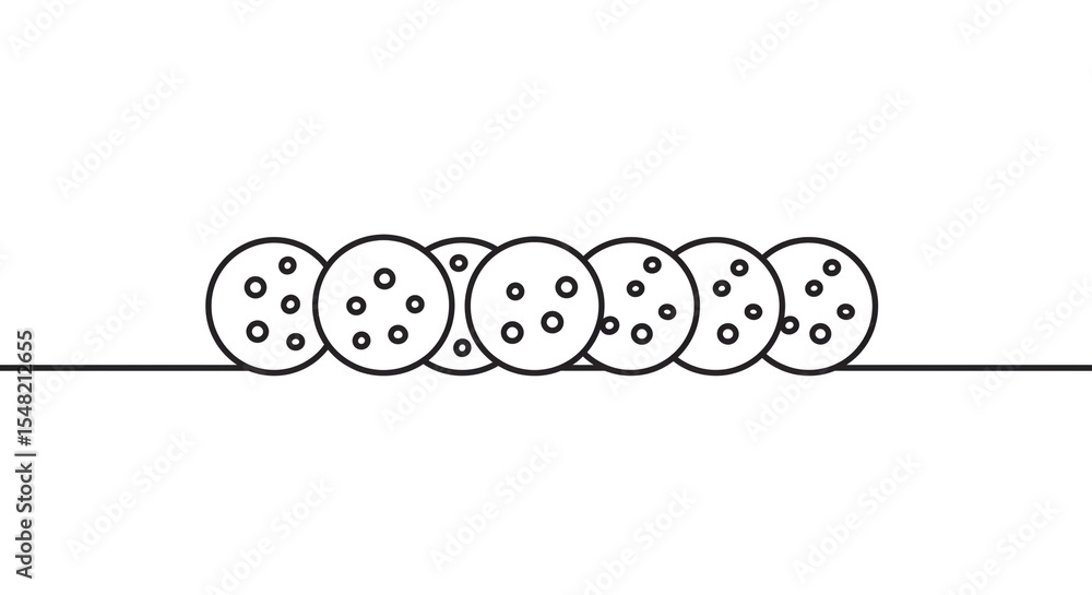 Poster a minimalist line drawing of a row of seven cookies with chocolate chips on a horizontal line art st