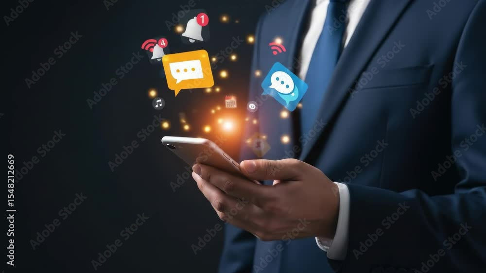 Poster businessman using smartphone with social media notifications - a close-up shot of a businessman in a