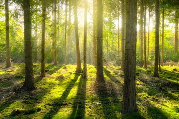 Sunlight Filtering Through Trees in a Peaceful Green Forest