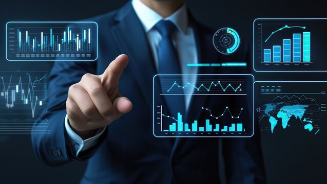 Data Visualization: A business professional, dressed in a tailored suit, interacts with a futuristic digital interface, displaying complex charts and graphs to analyze and interpret valuable data.