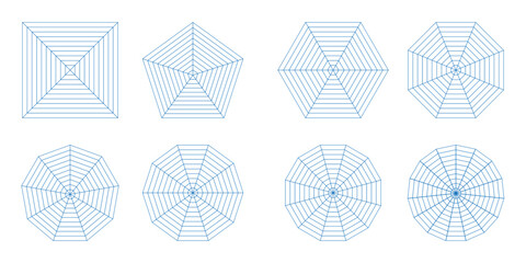 Blank spider radar Kiviat diagram with four, five, six, eight, nine, ten, twelve and fifteen segments. Sample of pentagon, hexagon, square,Octagon, Nonagon, and Decagon chart. Analysis template