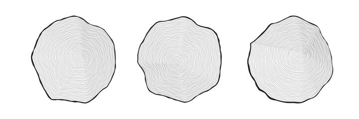 Set of outlined wood sections displayed on a white, showing the wavy, concentric annual growth rings. Cross sections of tree trunks. Natural looking wavy circular formations. Vector illustration