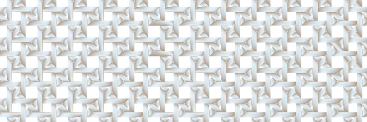 White rattan seamless bg. Textured grey basketry design. Lattice made of raffia. Textile mesh with diagonal weave. Ethnic decor produced by hand. Gradient mesh vector illustration