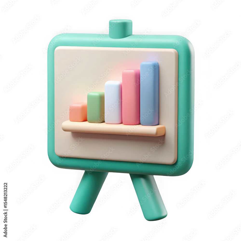 Poster 3d render of pastel bar chart on easel isolated on transparent background