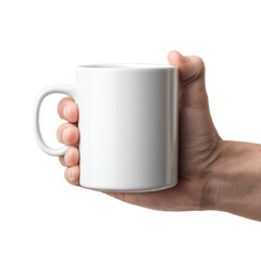 Hand holding ceramic coffee cup. Isolated white background. Png format