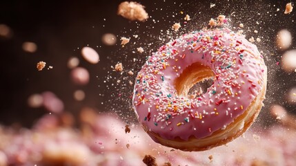 A delightful pink donut with sprinkles appears to soar in a flurry of crumbs, capturing the essence of joy and indulgence, making it a perfect treat for dessert lovers everywhere.