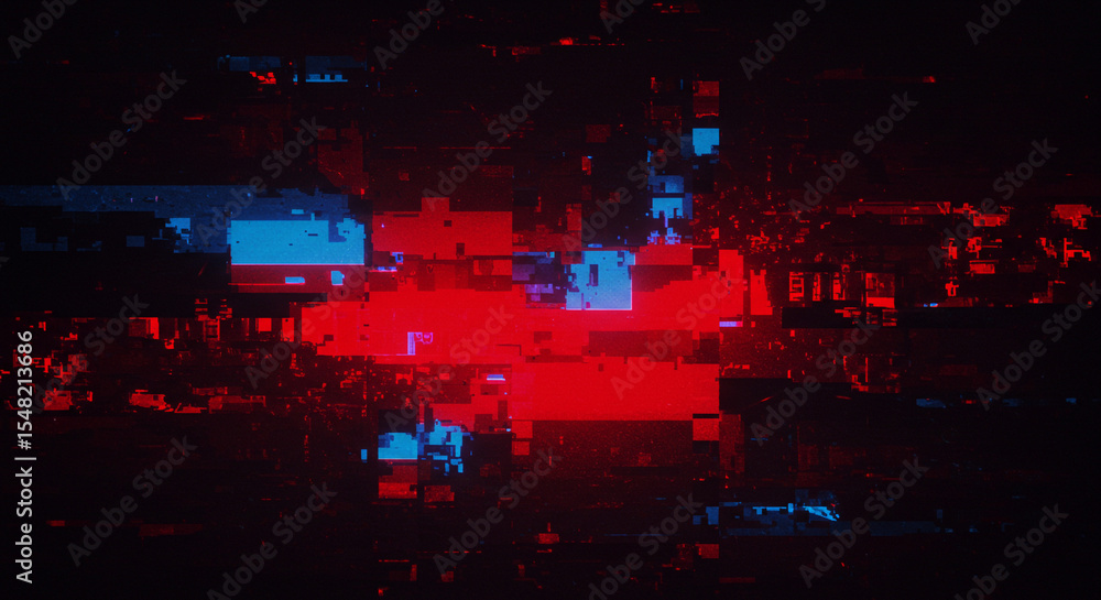 Poster abstract dark background with red and blue pixelated squares forming a glitchy digital pattern effec