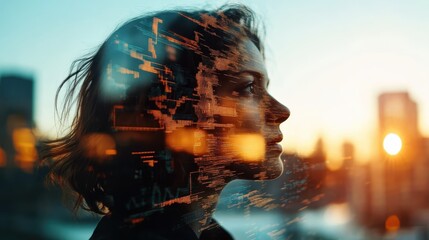 A side profile silhouette of a woman with a digital overlay, representing technology and innovation, symbolizes the intersection of humanity and the digital world.