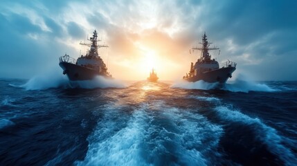 Fototapeta premium Two navy ships cut through turbulent ocean waters at sunset, depicting the might of naval power combined with the beauty of natural forces and nautical adventure.