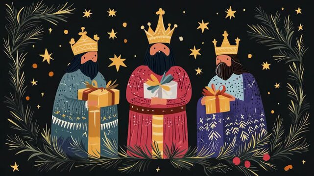 The figures of the Three Kings, representing the Magi, against the backdrop of festive decor, symbolize the traditional holiday of the Three Kings, Epiphany, and Three Kings Day. Dia de los Reyes