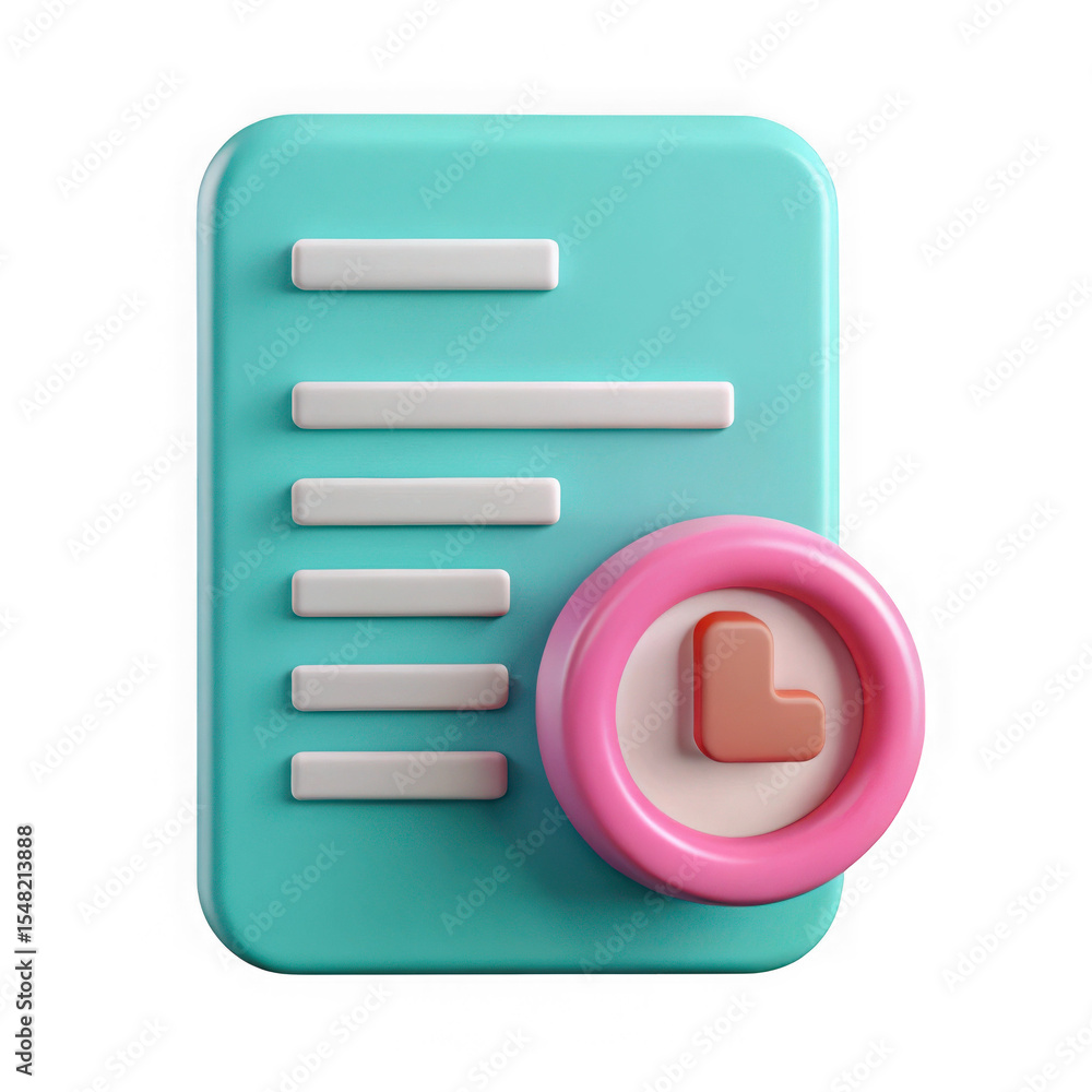 Poster 3d render of teal document icon with pink clock isolated on transparent background