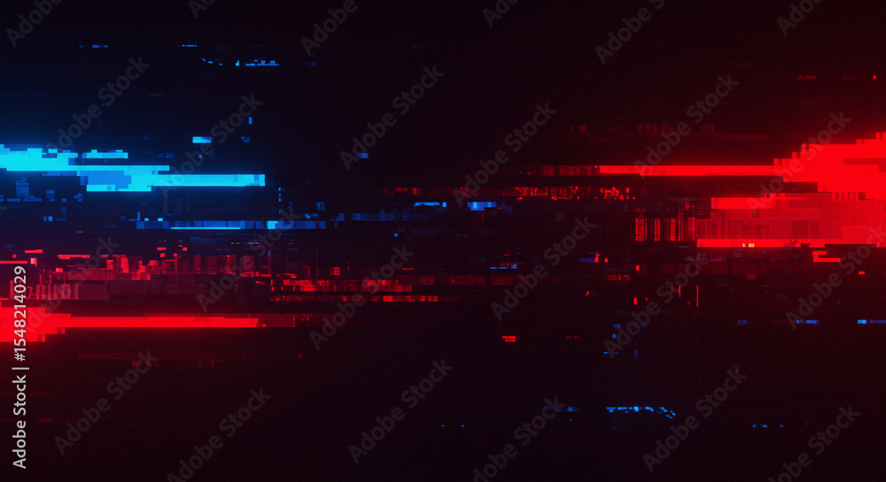 Poster abstract dark background with red and blue glitch effect horizontal lines and pixelated distortions