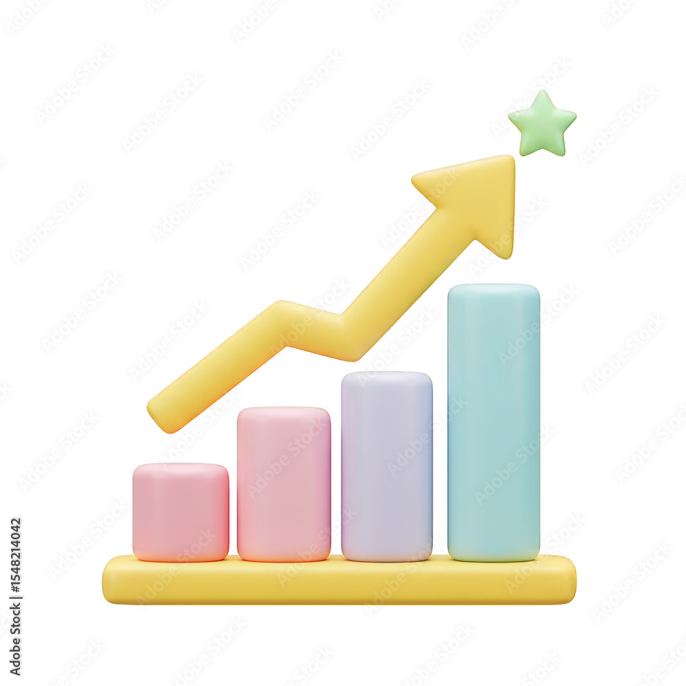 Poster pastel 3d bar graph with upward arrow, isolated on transparent background