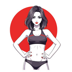 Adobe illustrator artwork vector illustration: A fit anime-style woman with dark hair and a sports bra and shorts poses confidently against a bold red circle