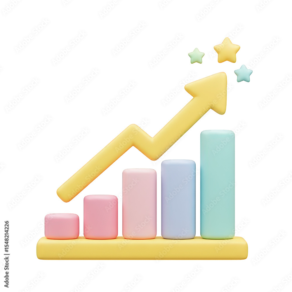 Poster a 3d pastelcolored graph with an upward arrow isolated on transparent background
