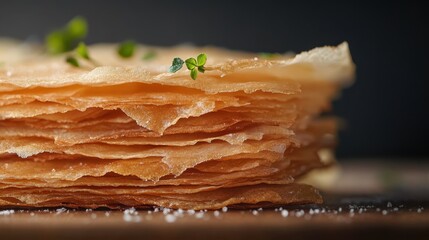 An alluring arrangement of delicate, thin crepes artfully stacked and garnished with fresh herbs, showcasing culinary finesse and creativity in a visually appealing way.