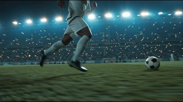 A skilled athlete approaches the ball on the pitch, preparing for a powerful kick as teammates and a vibrant crowd cheer from the stands at nighttime in a stadium