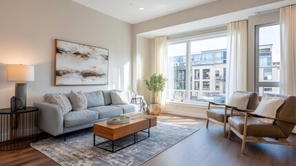 Naklejka premium Bright And Cozy Living Room With Natural Light Zoom Background