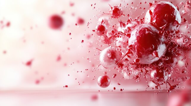 This image illustrates an explosion of red cells amidst a dynamic backdrop, capturing the essence of vitality, health, and biological energy in a visually striking manner.