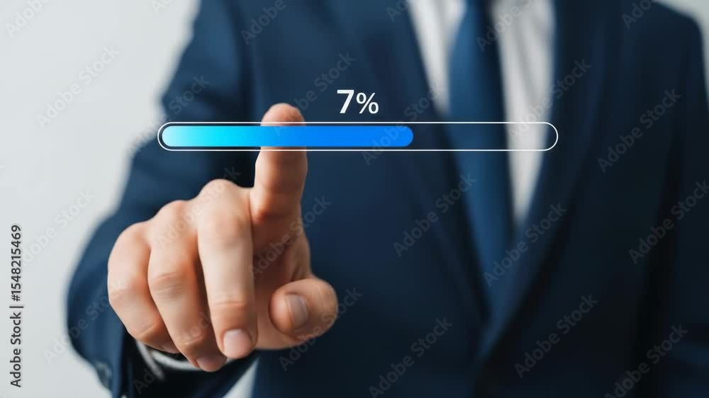 Poster businessman interacting with 7% progress bar - close-up shot of a businessman's hand interacting wit