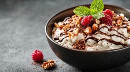 A beautifully arranged bowl of creamy dessert topped with fresh raspberries, nuts, and a drizzle of chocolate, showcasing indulgence and culinary delight.