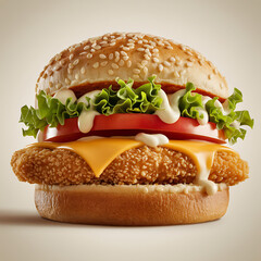 Delicious crispy chicken burger with sesame bun