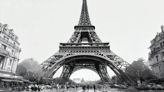 Monochromatic artistic rendition of the Eiffel Tower and Parisian cityscape with a sketch style