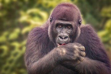 Intelligent Gorilla Looking Thoughtfully with Expressive Eyes in Nature