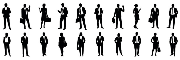 Business People Silhouettes in Various Poses, black vector silhouettes of business professionals, both men and women, in different poses.business, professional, people, silhouettes, men, women, busine